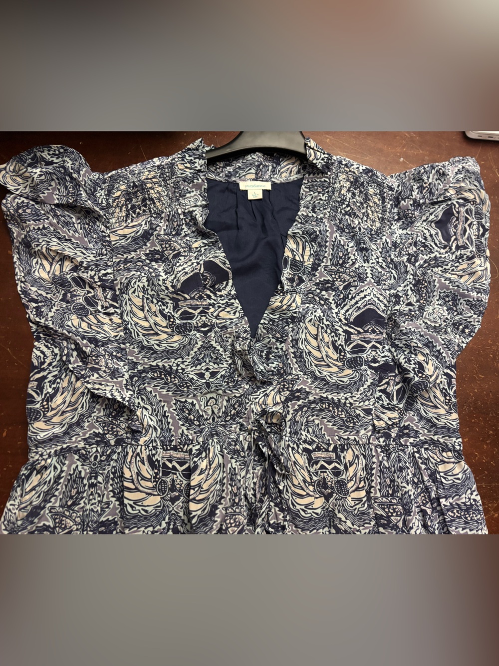 Sundance large v neck ruffle blue white paisley midi dress nautical beachy lined - Picture 3 of 8